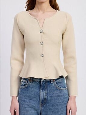 En Saison Cream Ribbed Knit Top with Button Detail